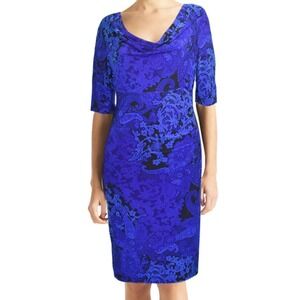 Anne Klein Blue Paisley Cowl Neck Dress Size 12 Stretch Sheath Career Cocktail
